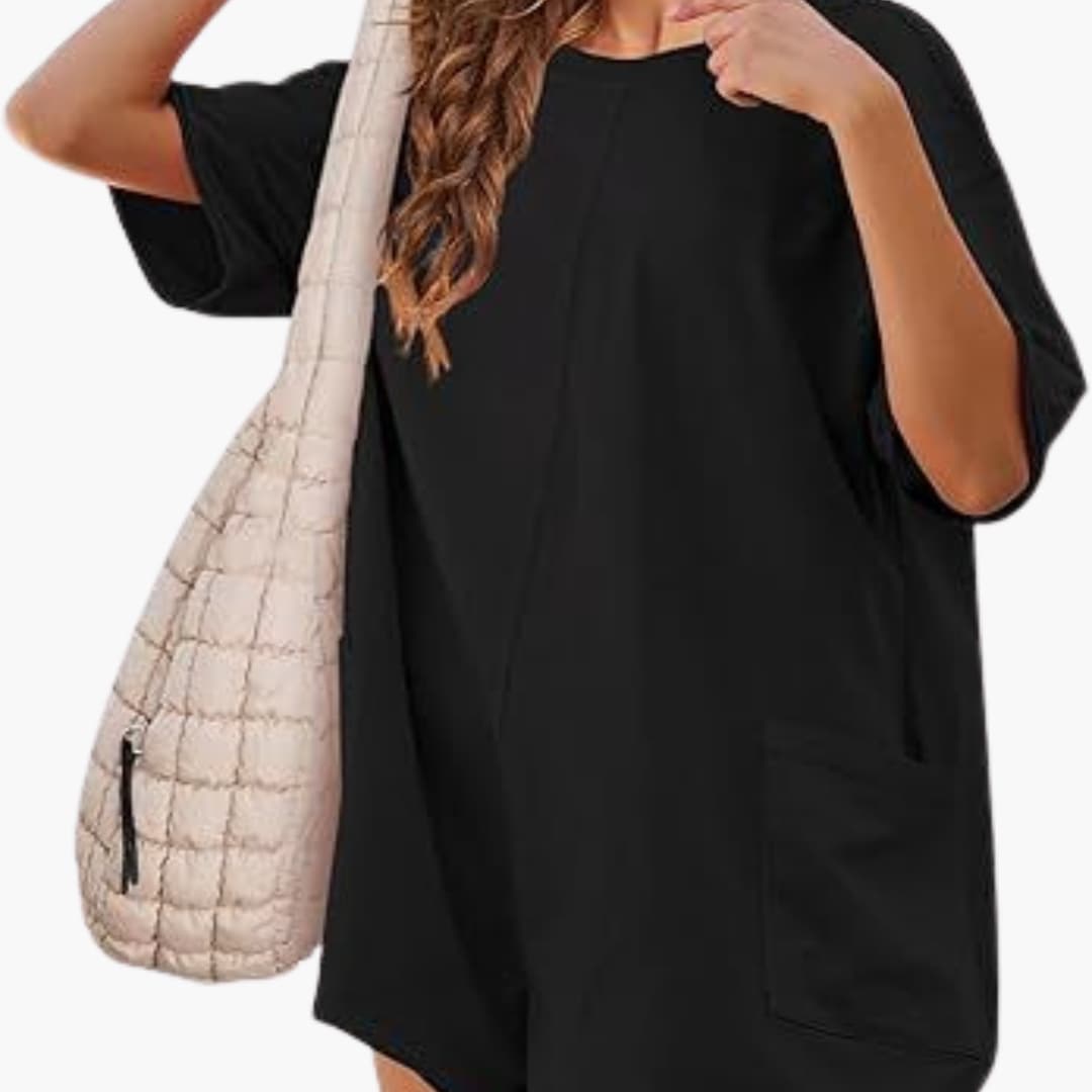 Women's casual short sleeve t-shirt dress with round neckline, relaxed fit, and side pockets