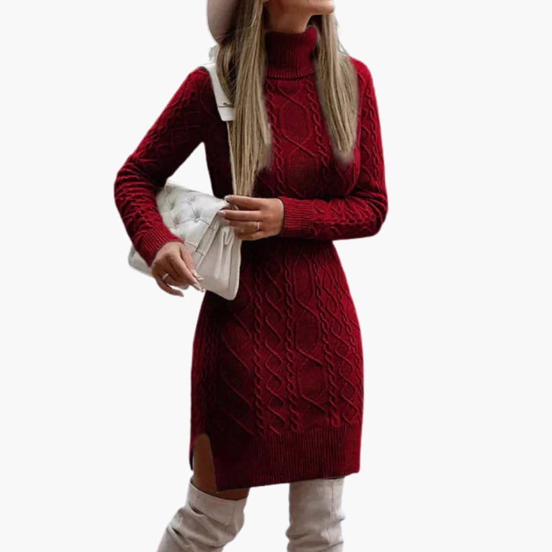 Women's ribbed knit dress long sleeves round neckline fitted waist chic everyday style