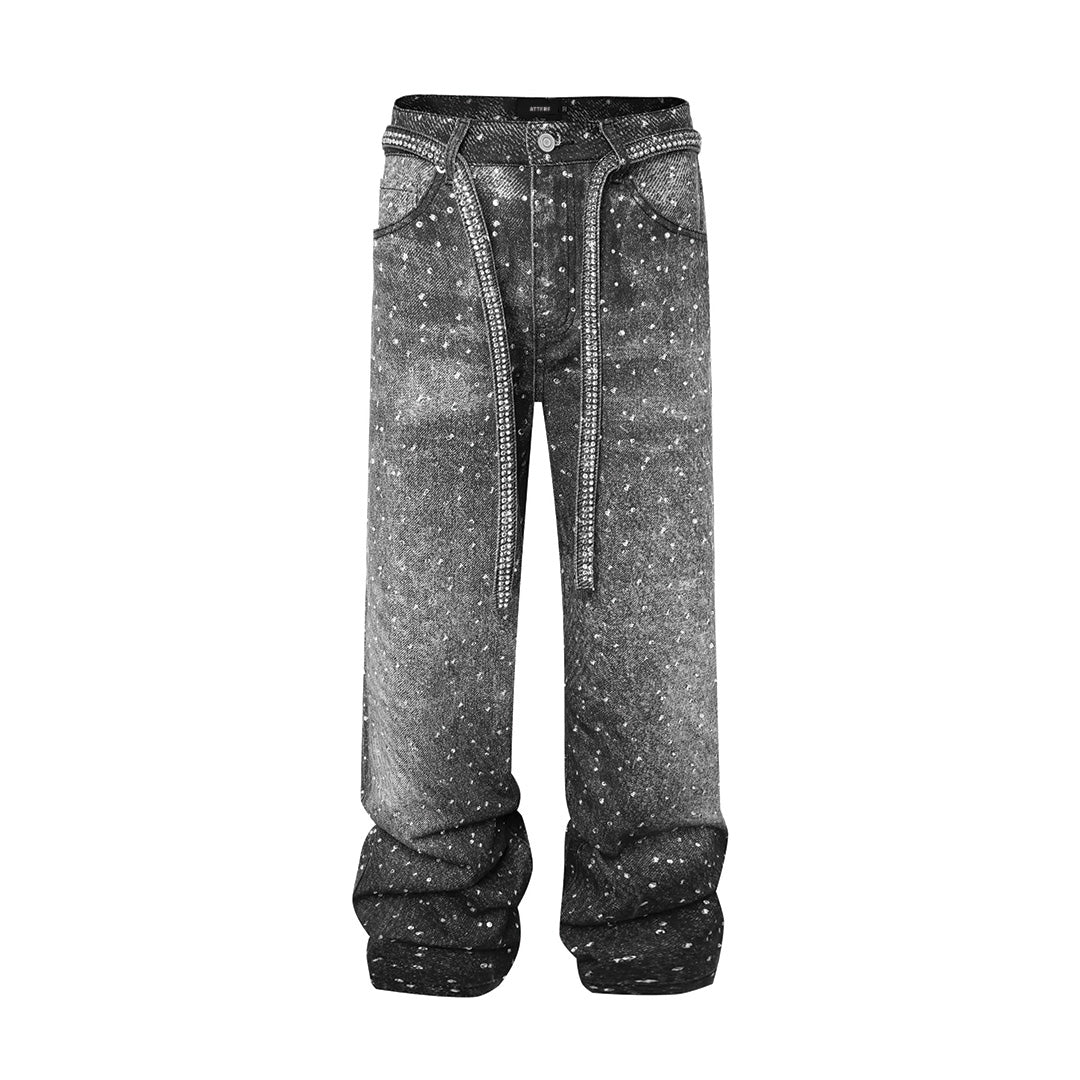 Women's loose fit distressed denim jeans with rhinestone embellishments and included belt, bold rodeo style