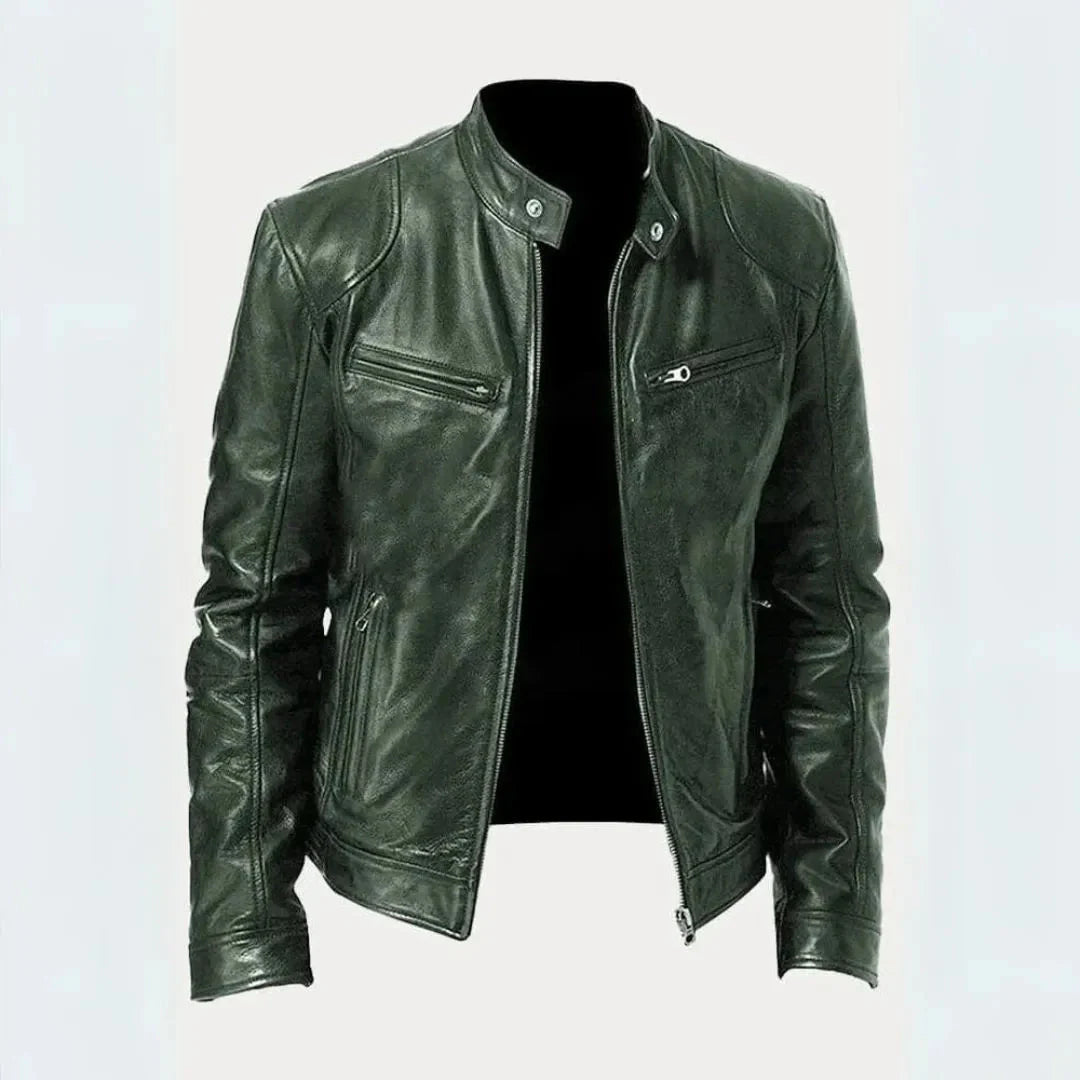 Men's black butter-soft genuine leather moto jacket tailored fit with sleek zipper details