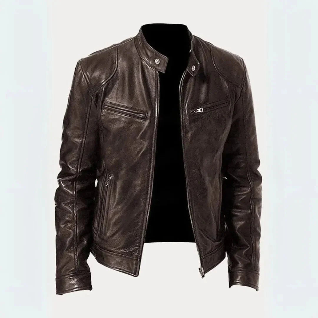 Men's black butter-soft genuine leather moto jacket tailored fit with sleek zipper details