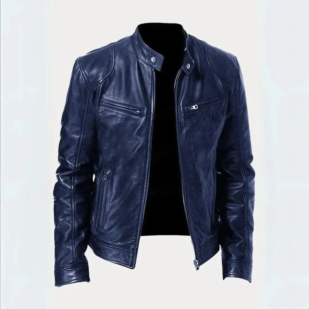 Men's black butter-soft genuine leather moto jacket tailored fit with sleek zipper details
