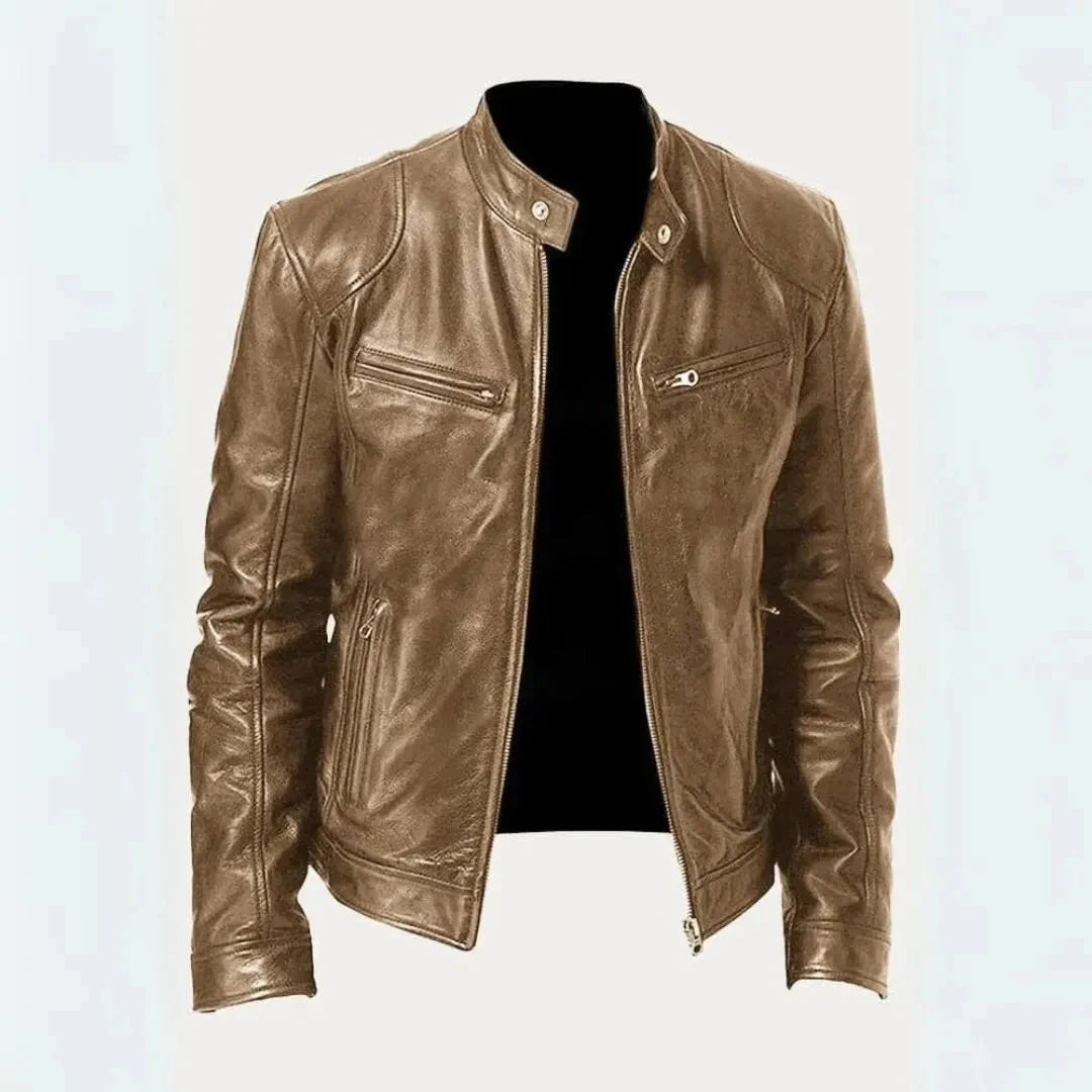 Men's black butter-soft genuine leather moto jacket tailored fit with sleek zipper details