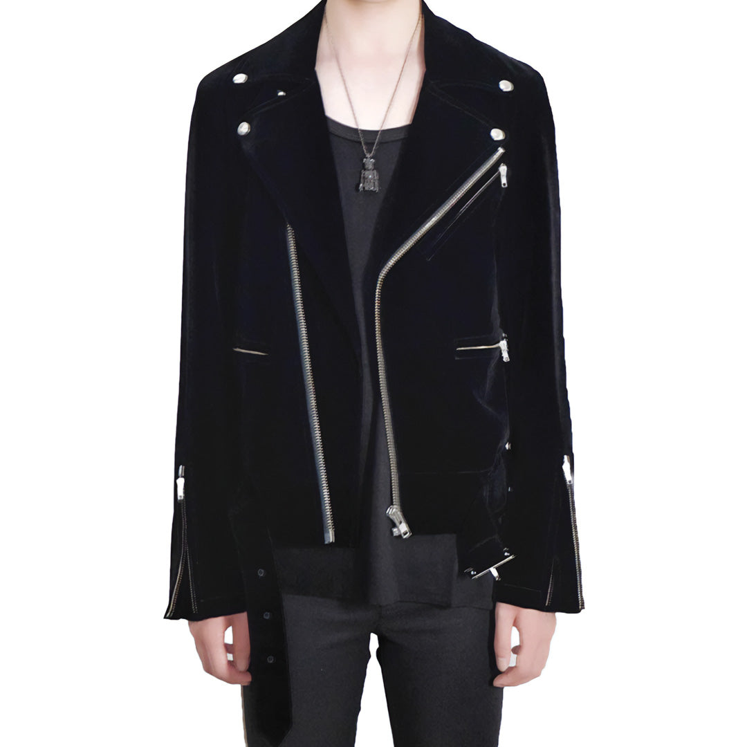 Black velvet biker jacket lightweight zipper closure motorcycle silhouette casual luxury everyday wear