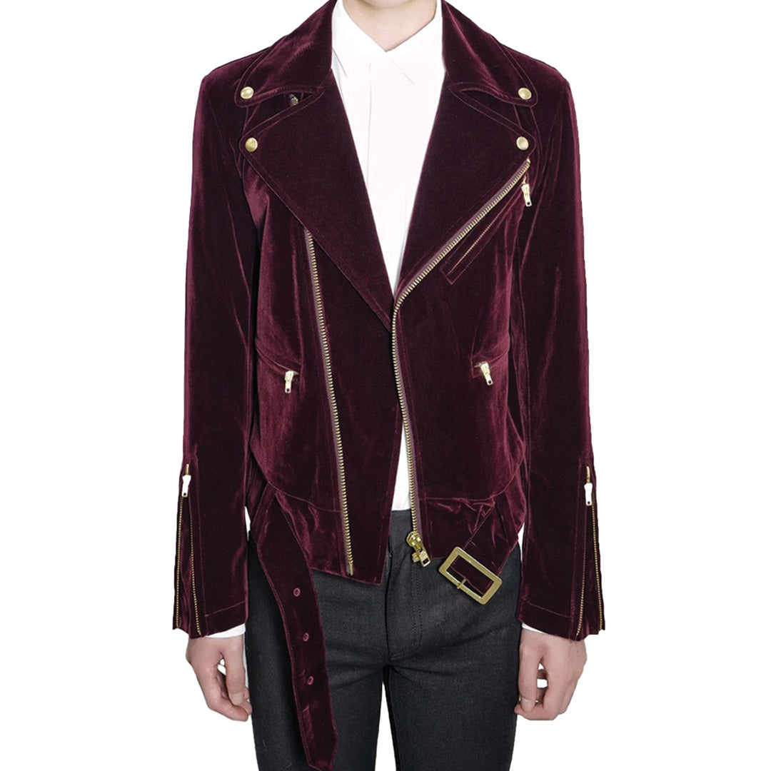 Black velvet biker jacket lightweight zipper closure slim moto silhouette casual luxury everyday wear