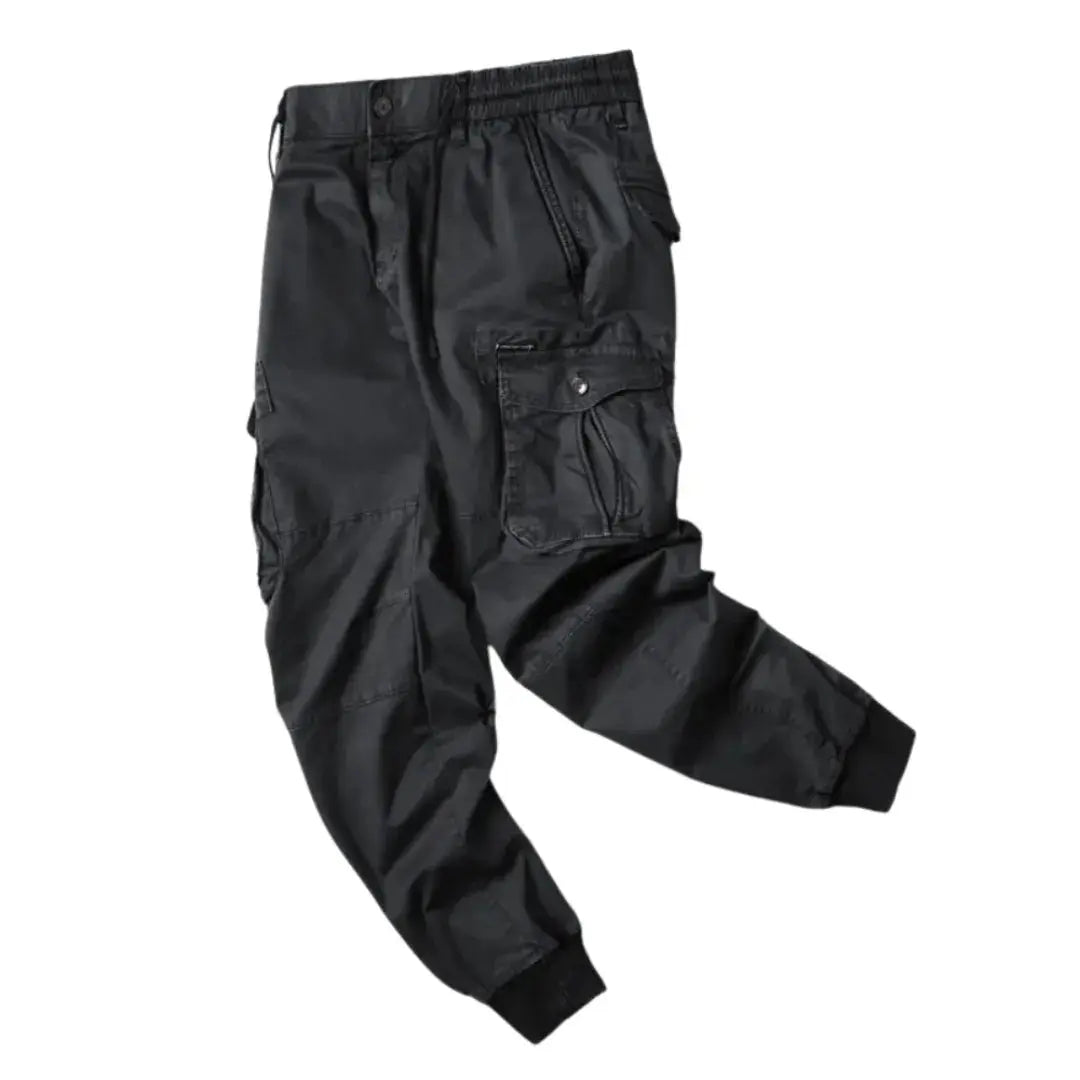 Men's khaki Roman cargo pants with stretch waistband, multiple pockets, durable cotton streetwear fit