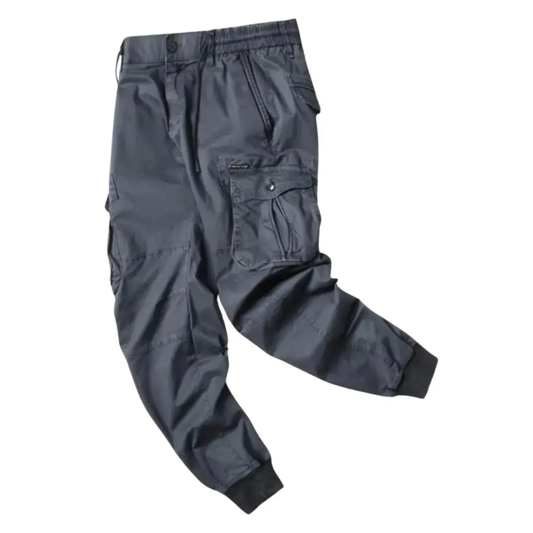 Men's khaki Roman cargo pants with stretch waistband, multiple utility pockets, durable cotton streetwear fit