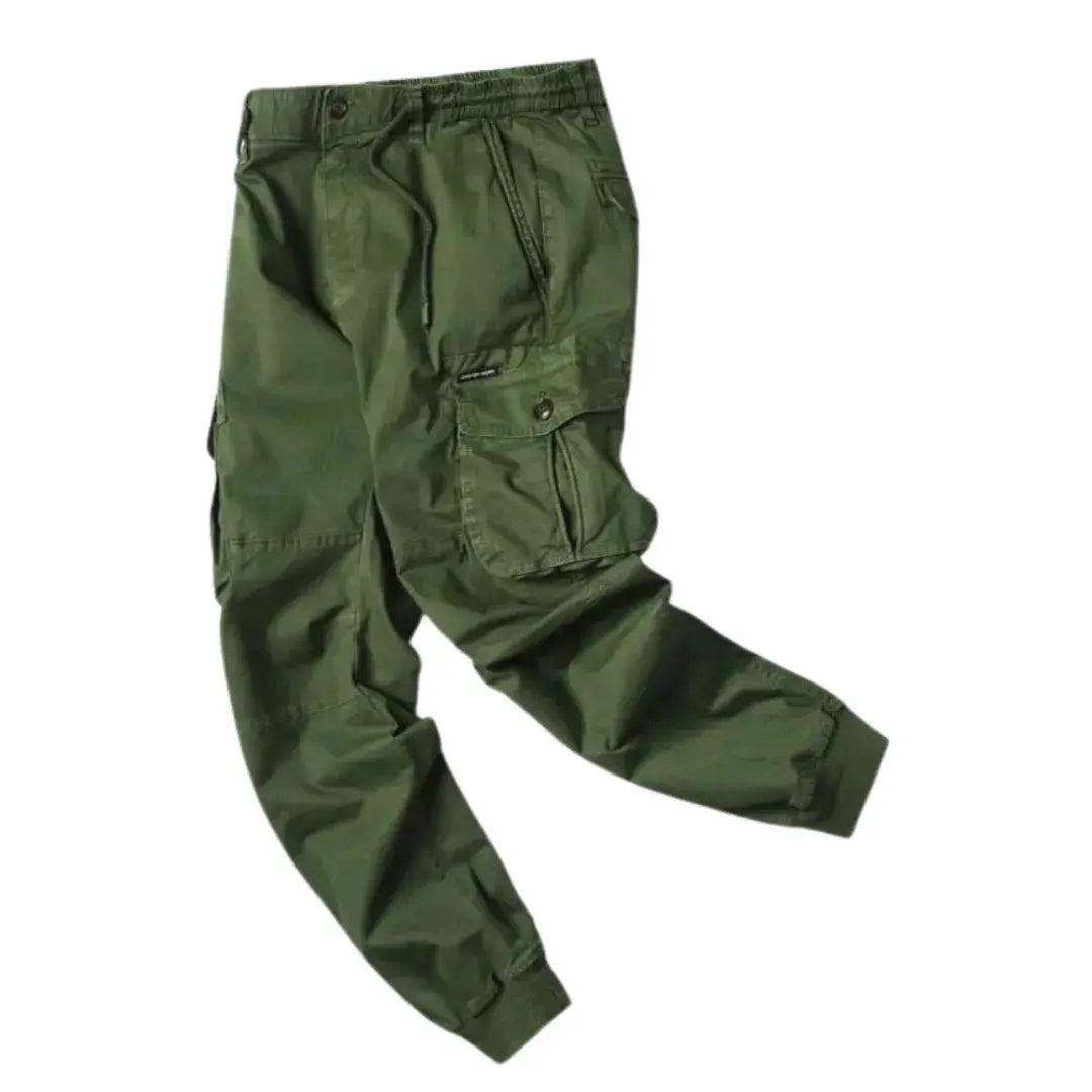 Men's olive green cargo pants relaxed fit stretch waistband multiple utility pockets streetwear style