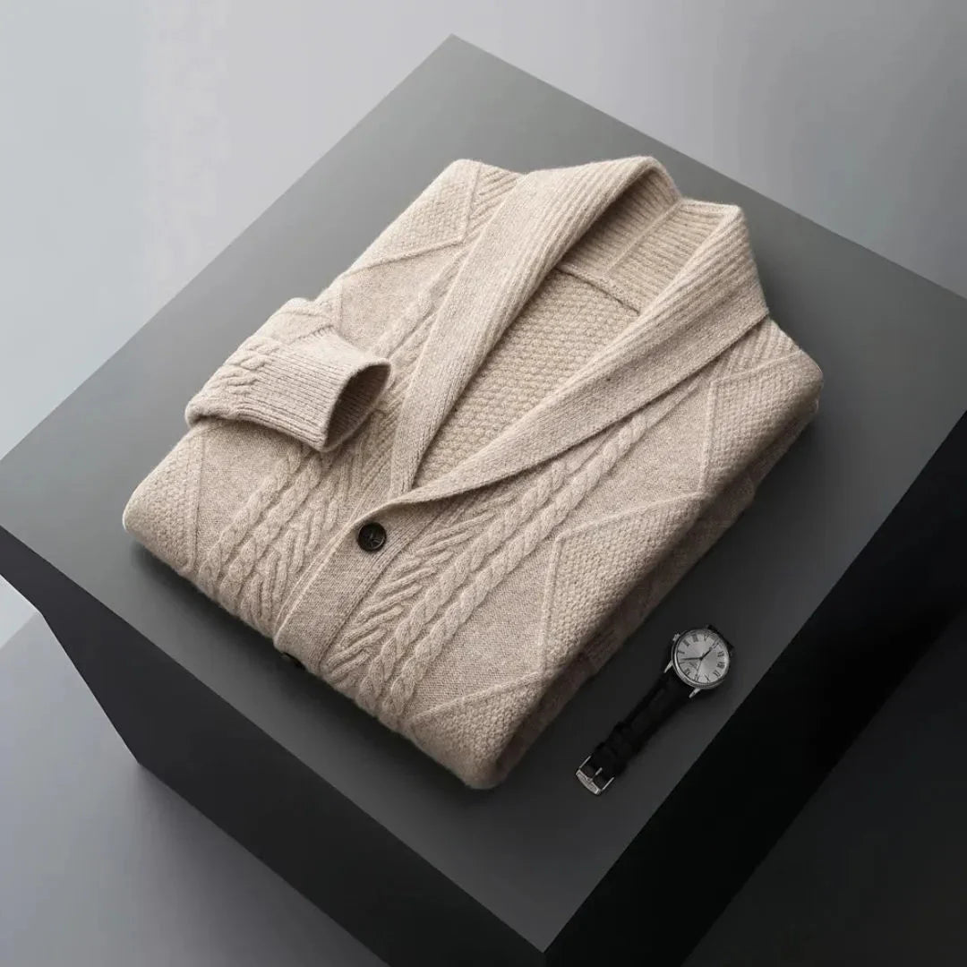 Men's merino wool shawl collar cardigan cable knit classic warmth extra-fine wool timeless style
