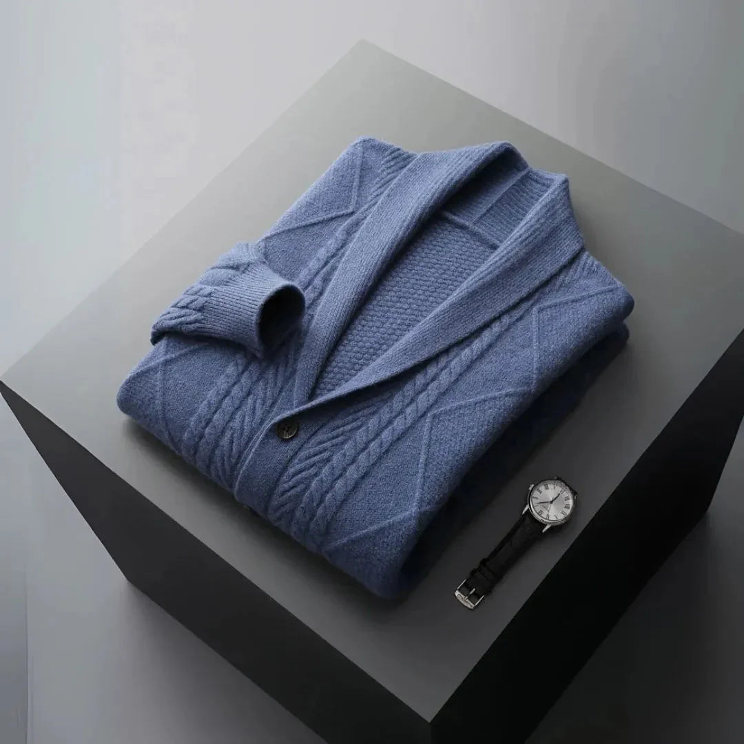 Men's merino wool shawl collar cardigan in cable knit with classic fit and premium extra-fine wool warmth