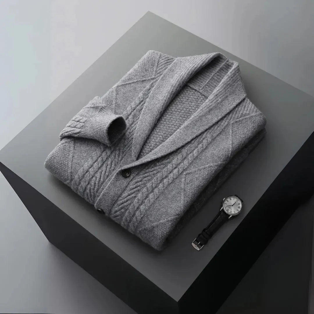 Men's merino wool shawl collar cardigan cable knit classic style in premium extra-fine wool