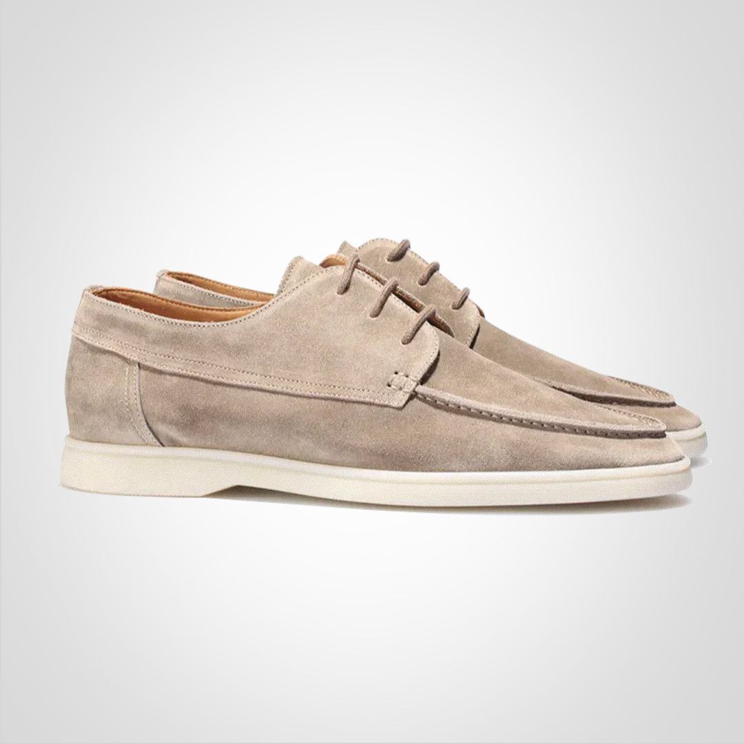 Men's suede low-cut moc toe shoes in neutral tones, lace-up Nordic style for all-day comfort