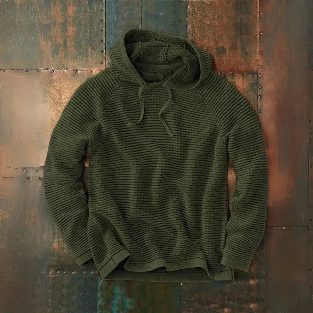 Men's striped knit hooded pullover in neutral tones, ultra-soft fabric with adjustable drawstring hood