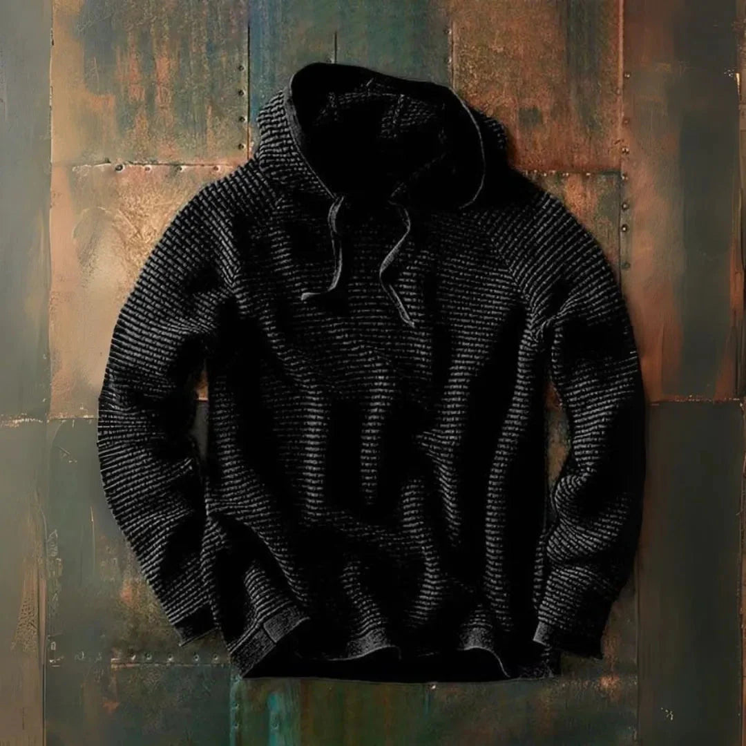 Men's striped knit hooded pullover in neutral tones with ultra-soft fabric and adjustable drawstring hood