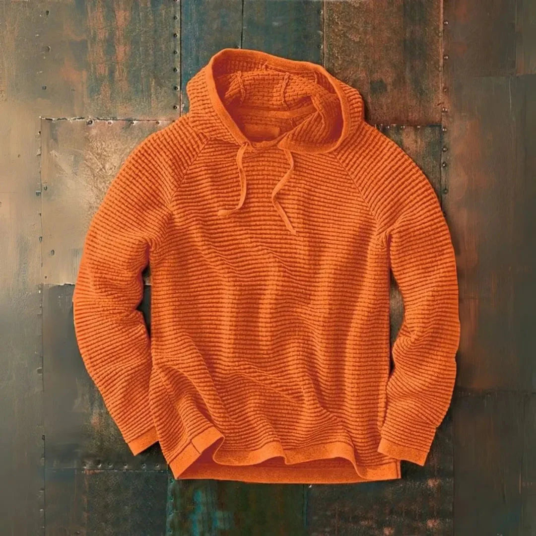Men's striped knit hooded pullover in soft fabric with adjustable drawstring hood casual fit