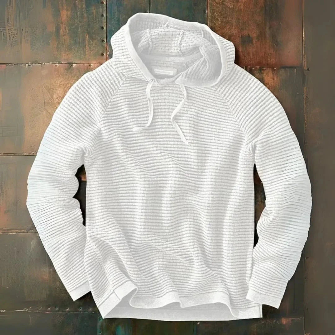 Men's striped knit hooded pullover in soft fabric with adjustable drawstring hood casual fit