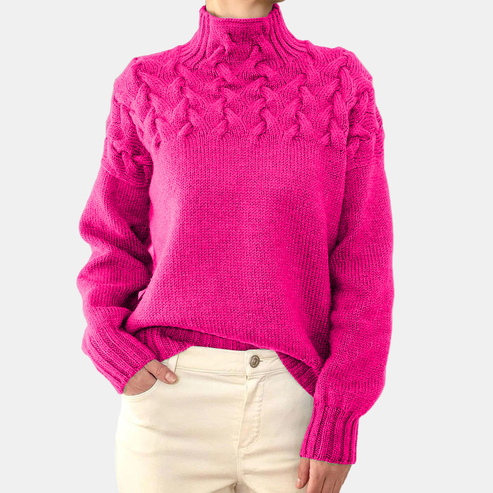 Women's cream cable knit turtleneck sweater relaxed fit with raised texture detailing