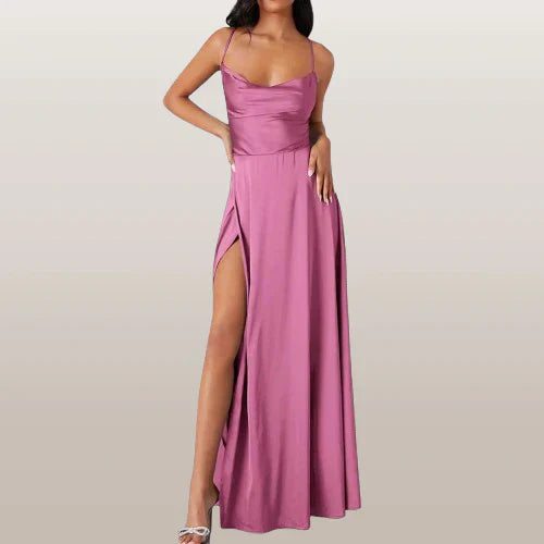 Vera satin maxi dress with cowl neck and thigh-high slit, sleek silhouette-skimming formal gown