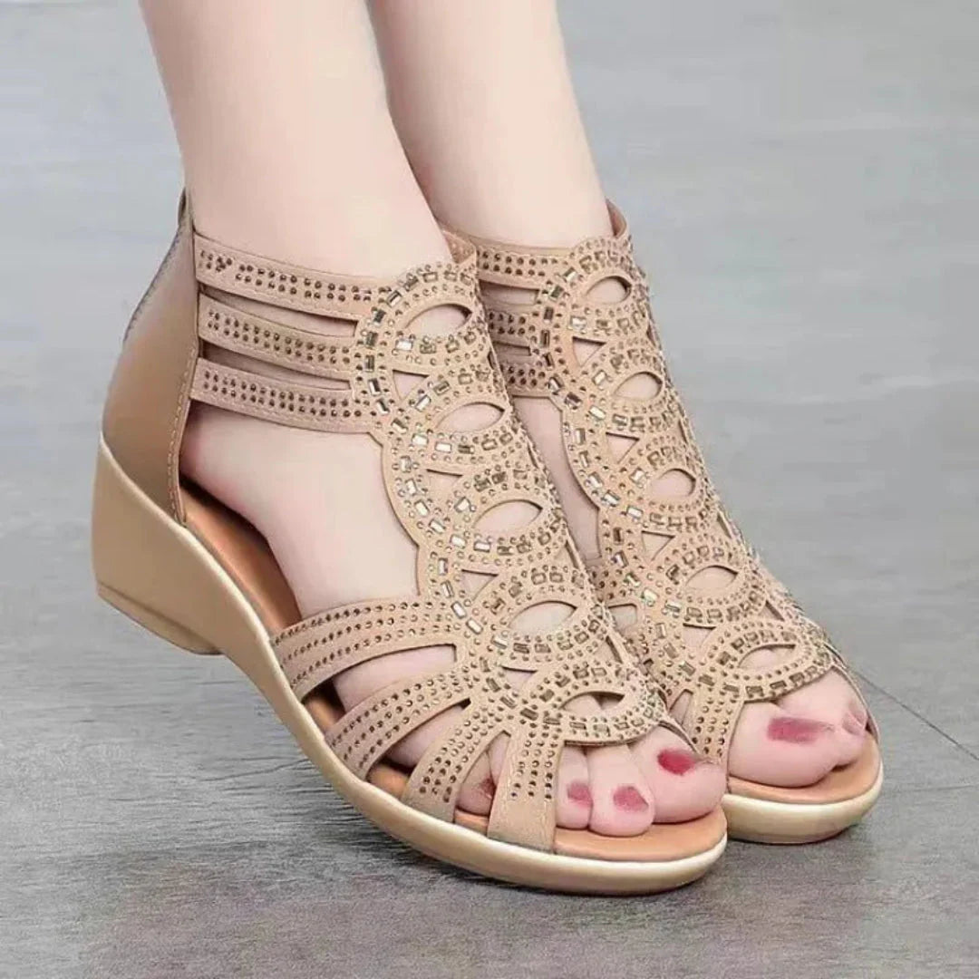 Rose cutout ankle strap wedge sandal with rhinestone embellishment and cushioned sole for weddings
