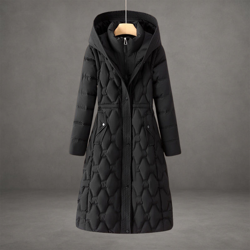 Women's longline hooded down parka, diamond quilted insulation, mid-calf length, ultra-warm winter coat