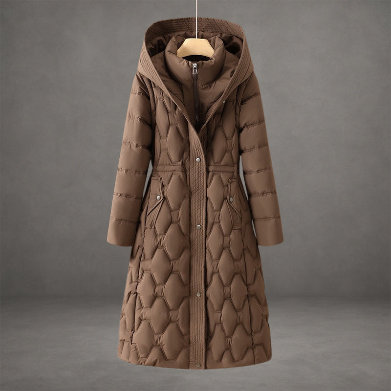 Women's longline hooded down parka, diamond quilted insulation, mid-calf length, ultra-warm winter coat