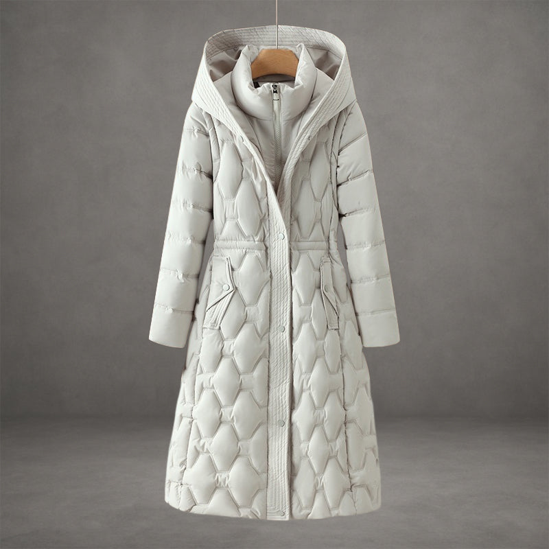 Women's longline black hooded down parka, diamond quilted insulation, mid-calf length cold weather coat