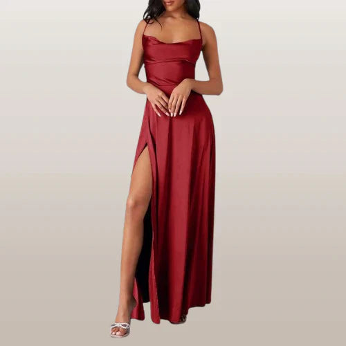 Women's satin maxi dress cowl neck side slit formal gown sleek silhouette-skimming evening wear