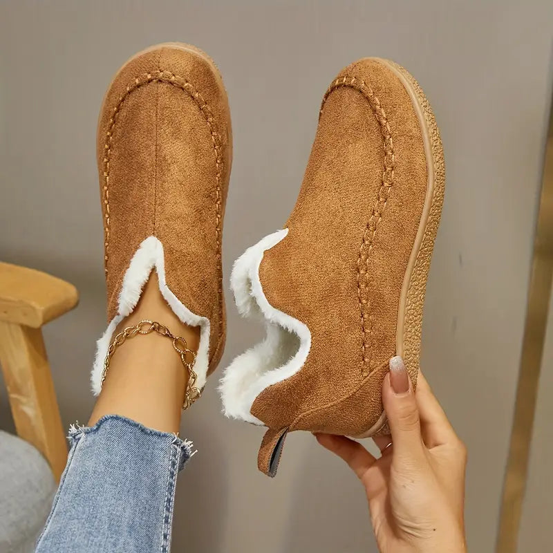 Women's round toe ankle boots with fleece lining, durable rubber sole, all-day comfort style