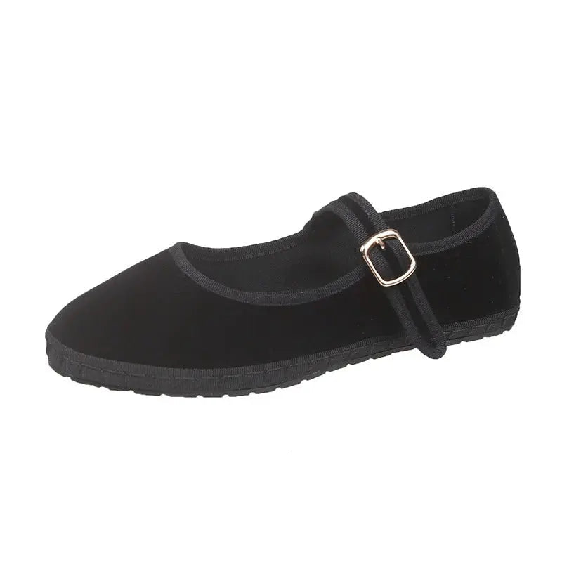 Women's black velvet ballet flats round toe hand-stitched comfort everyday casual slip-on shoes