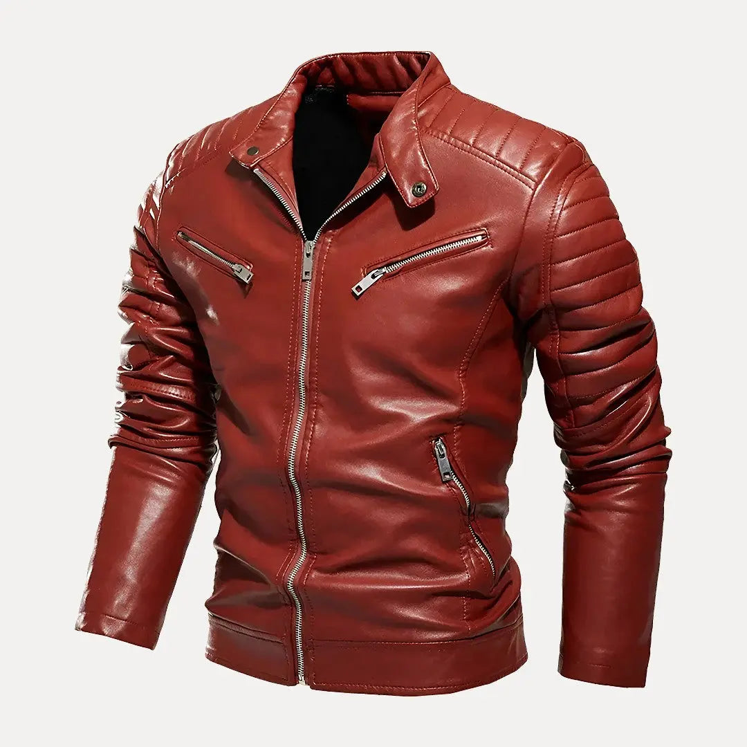 Black moto leather jacket sleek biker silhouette durable metal zippers Route 66 road-ready style