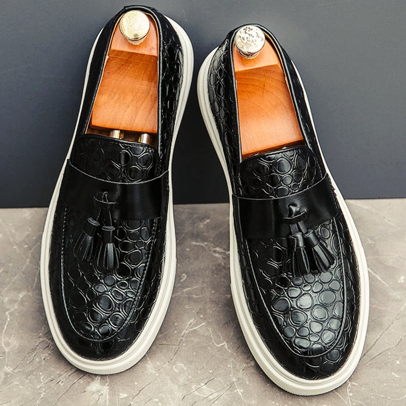 Men's brown tassel loafers slip-on PU leather with embossed circular motif, smart casual style