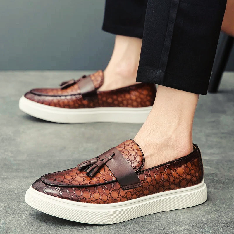 Men's brown tassel loafers slip-on style embossed circular motif smooth PU leather premium finish