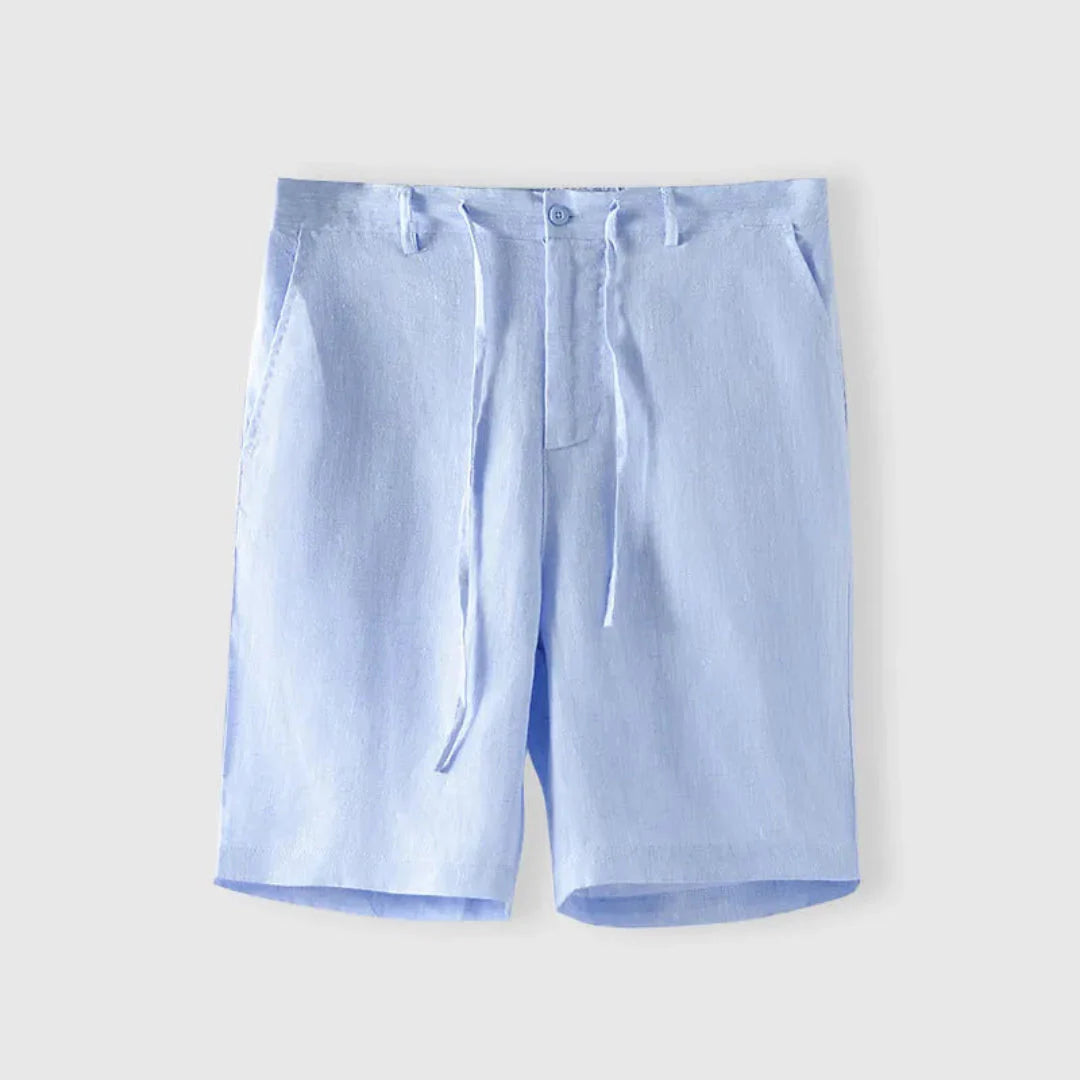 Men's beige linen-blend drawstring shorts, relaxed fit with elastic waist, lightweight breathable beach style