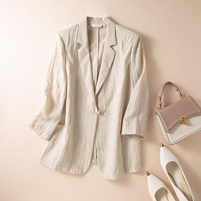 Women's linen wrap blazer relaxed drape three-quarter sleeves loop-button front lightweight tailored layer