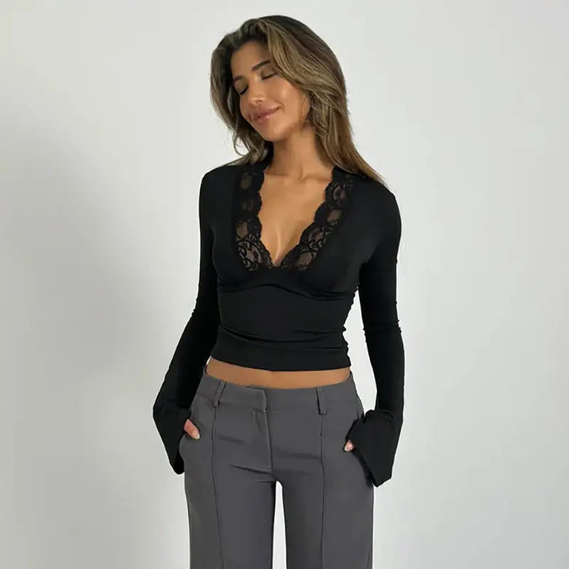 Olive green long sleeve deep V-neck stretch knit top with delicate lace trim feminine fit