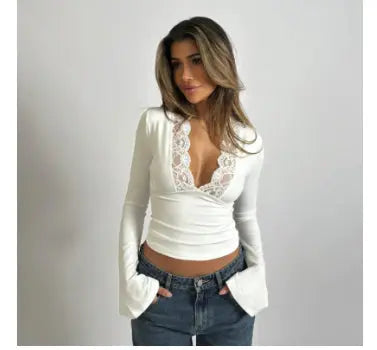 Olive green long sleeve stretch knit top deep V-neck lace trim body-hugging feminine fit