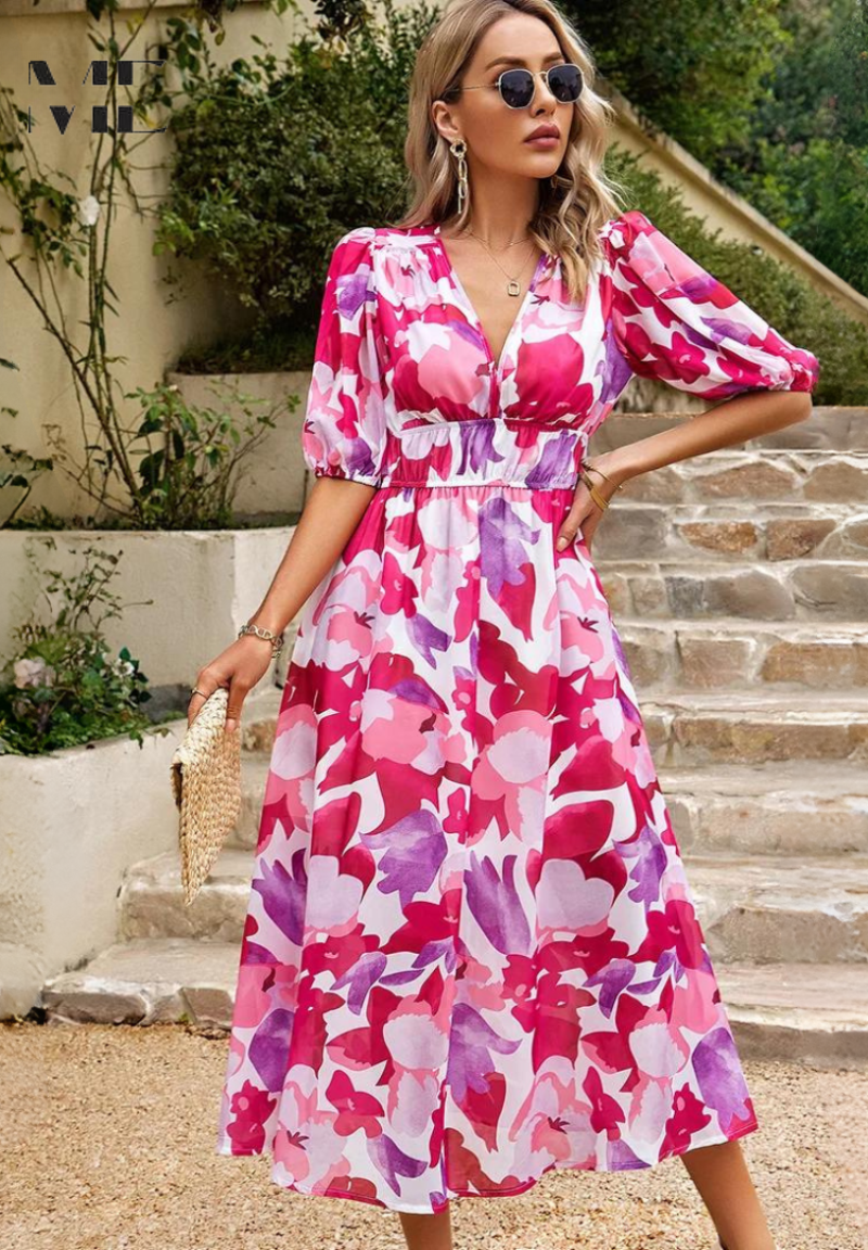 Women's watercolor floral midi dress puff sleeves elastic waist flowing skirt summer party