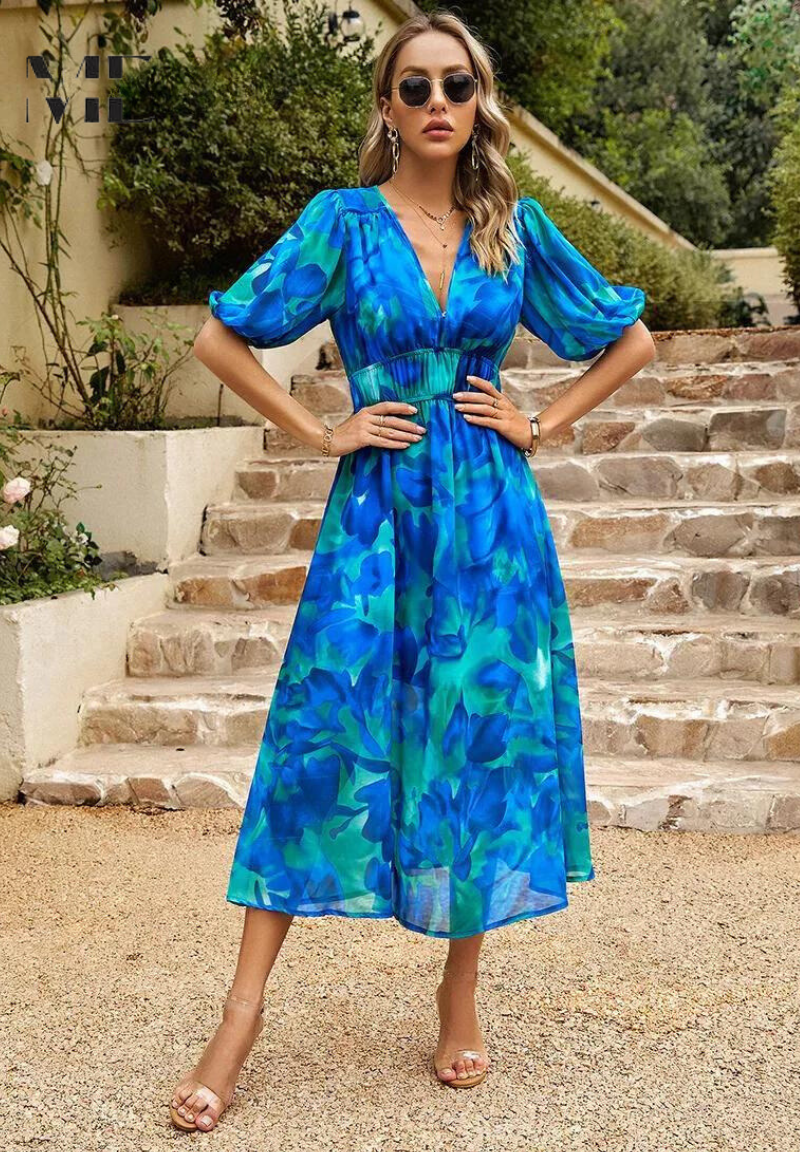 Women's floral watercolor midi dress with puff sleeves, elastic waist, and flowing skirt