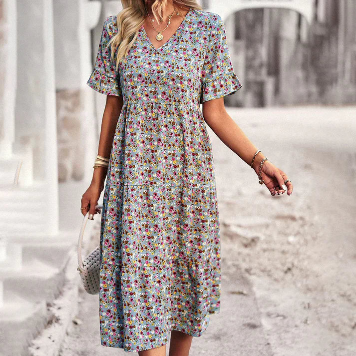 Women's apricot floral Lena summer dress lightweight romantic garden-print midi silhouette