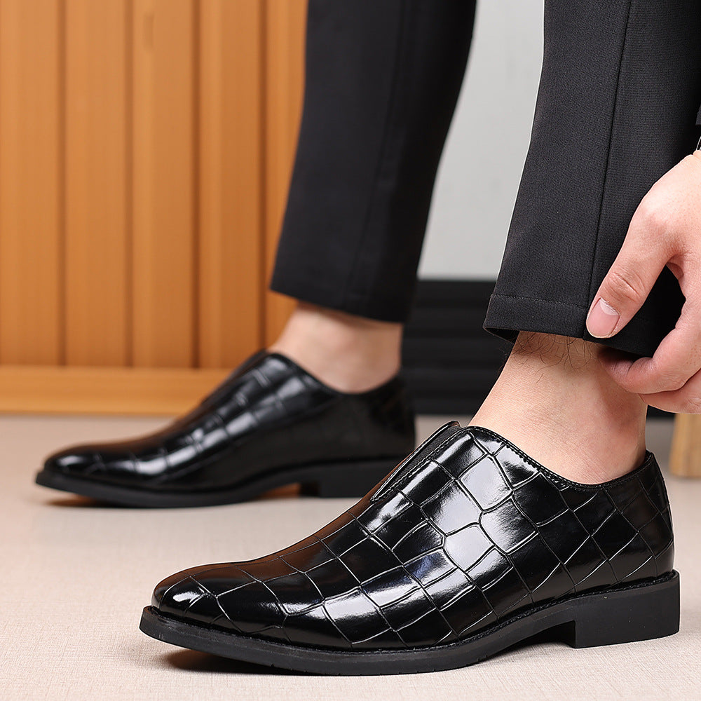 Men's black crocodile embossed high-gloss leather loafers with sleek slip-on silhouette