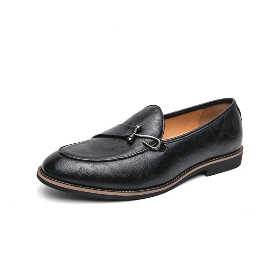 Men's black faux leather slip-on loafers with gold metal bit hardware for smart-casual style
