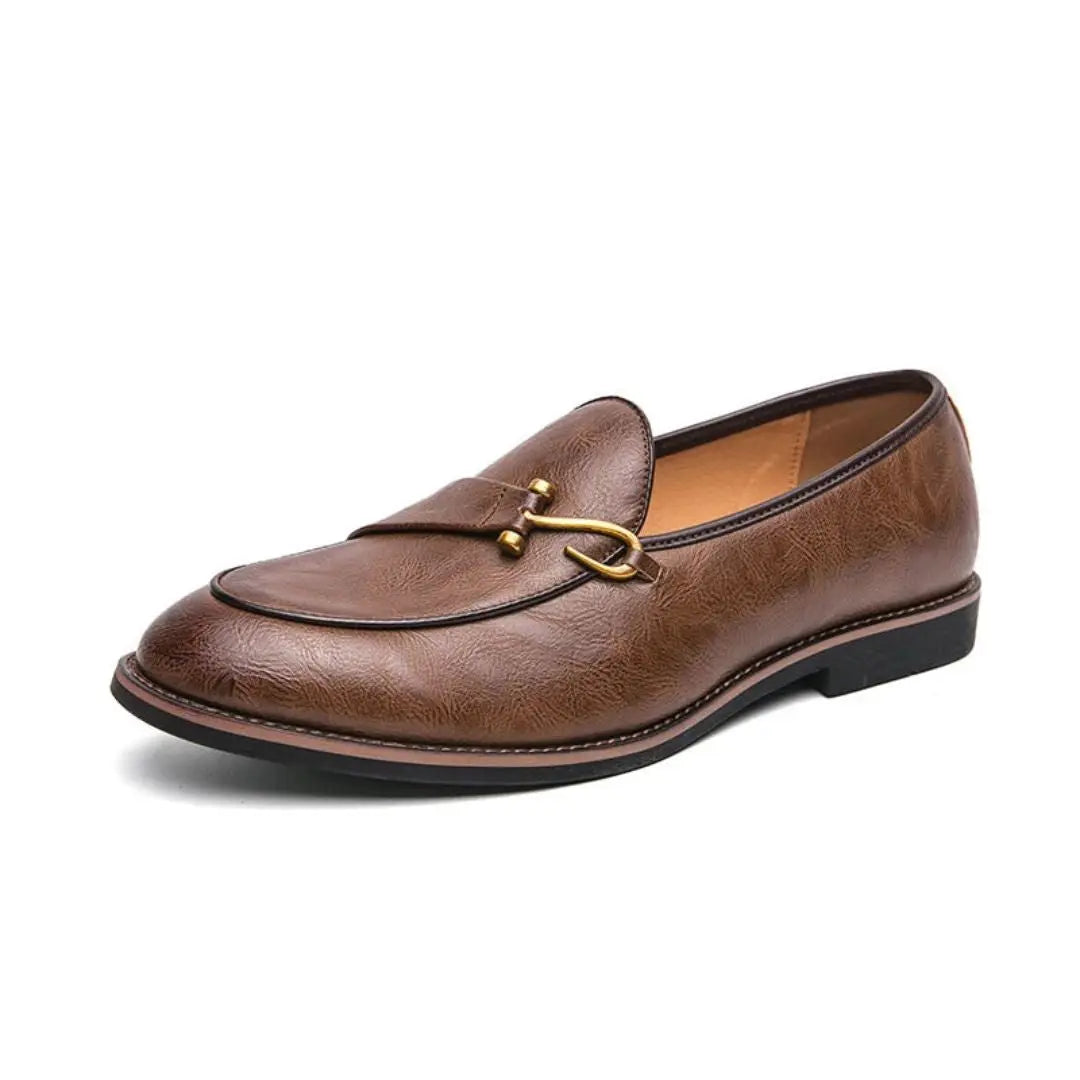 Men's black faux leather slip-on loafers with polished metal bit hardware for smart-casual style