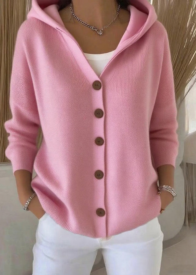 Women's hooded knit cardigan beige minimalist silhouette with full button-front wooden buttons