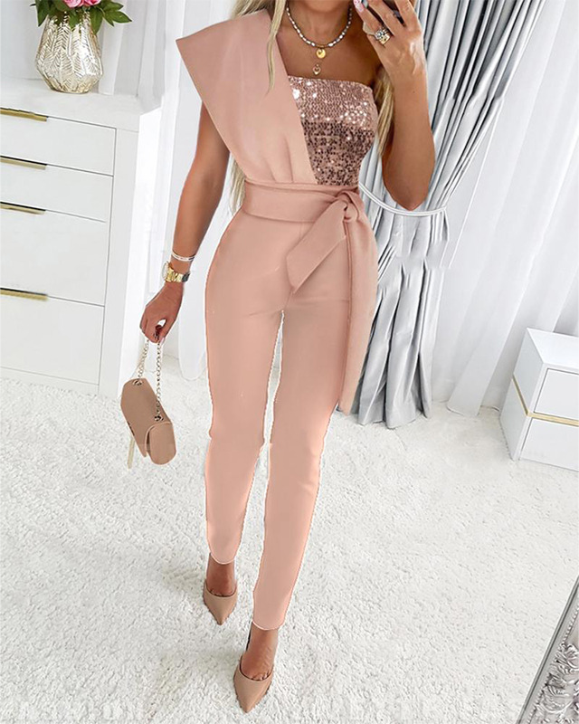 Women's silver sequin one-shoulder jumpsuit with stretch fit and shimmering asymmetrical neckline