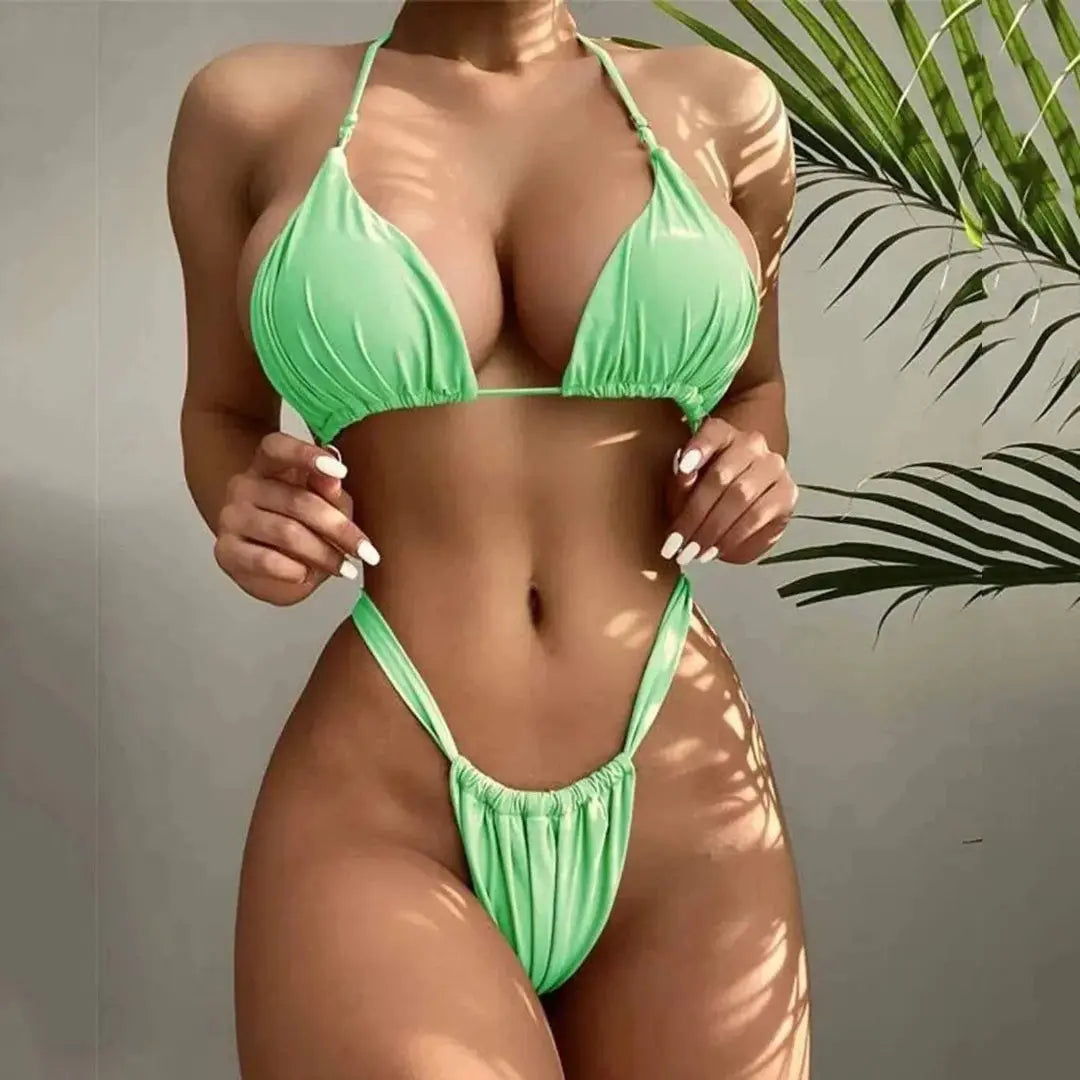 Women's ruched triangle bikini set adjustable halter top high-cut bottoms minimalist beach style
