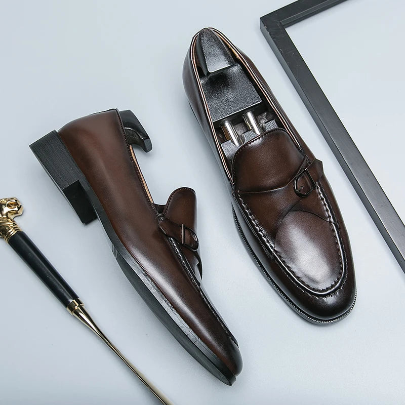 Brown genuine leather professional loafers with side buckle strap and cushioned insole
