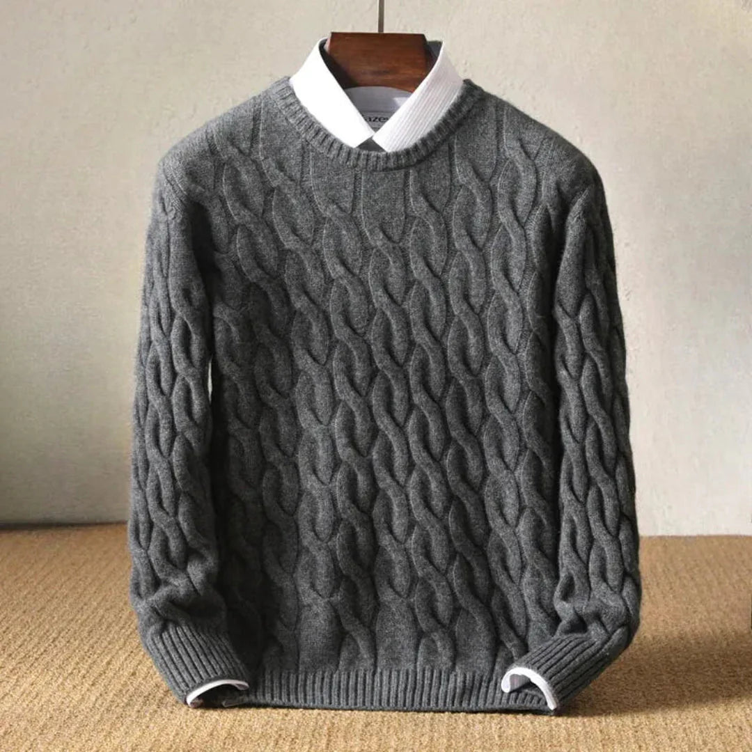 Men's cream cable knit wool sweater classic cozy layering essential with textured pattern