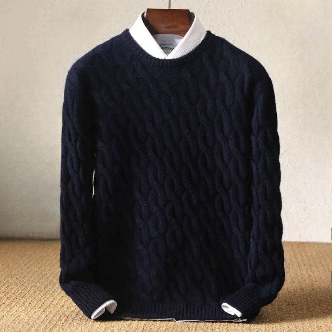 Men's cream cable knit wool sweater classic cozy layering essential with textured pattern