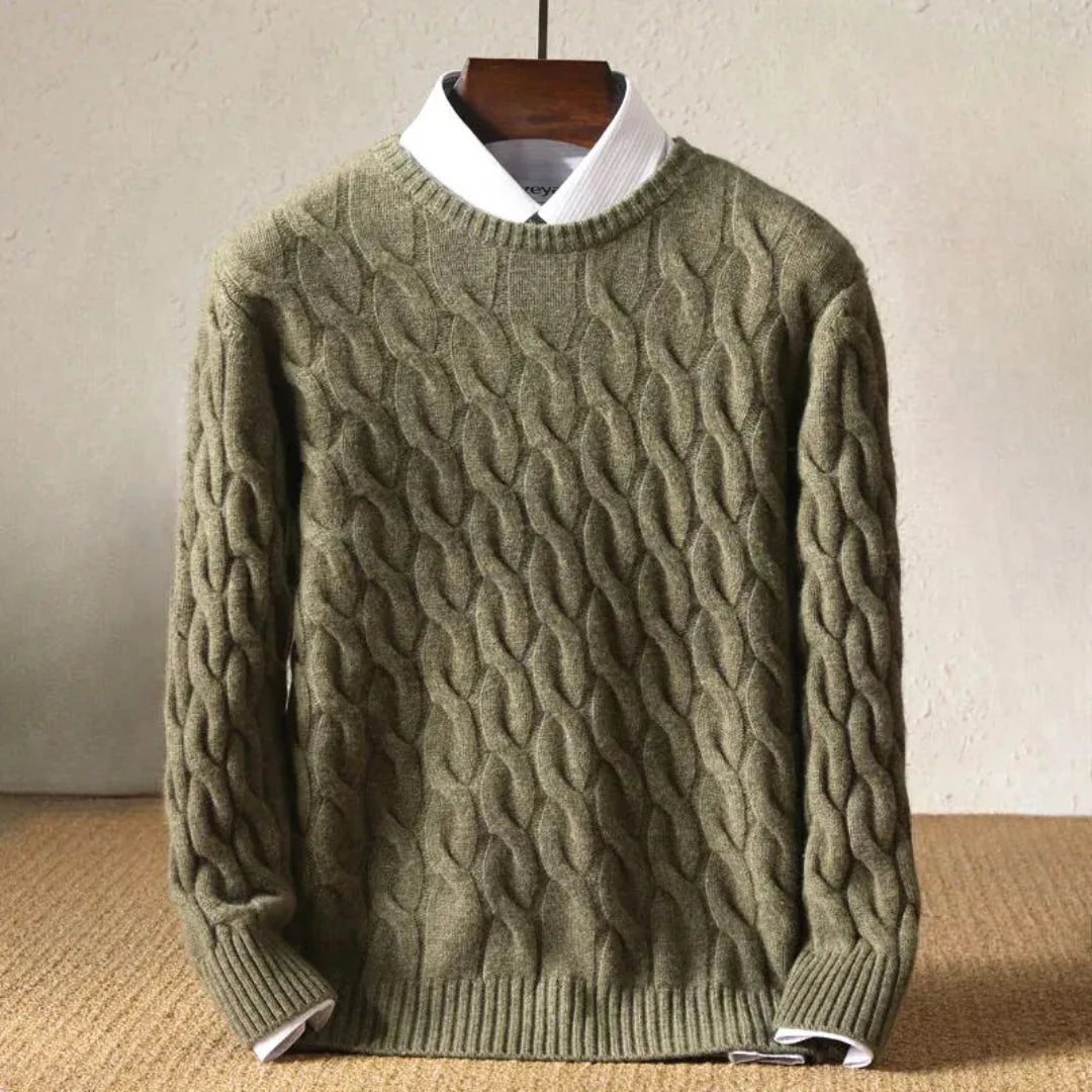 Men's cream cable knit wool sweater classic cozy layering essential with textured pattern