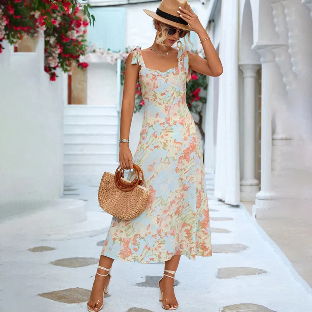 Women's floral midi dress with sweetheart neckline, adjustable tie straps, breathable cotton blend summer style